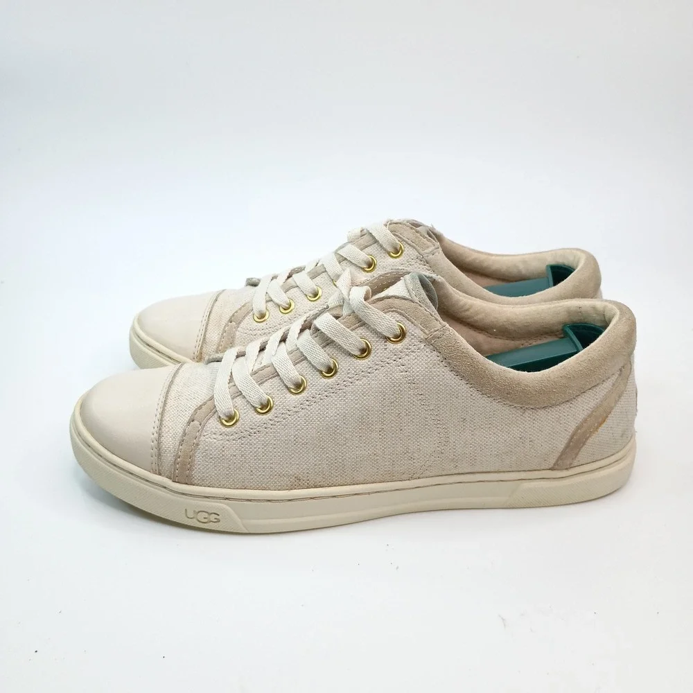 UGG Womens Canvas Leather Toe Low Top Sneakers Cream‎ Tan Lace Up Shoes